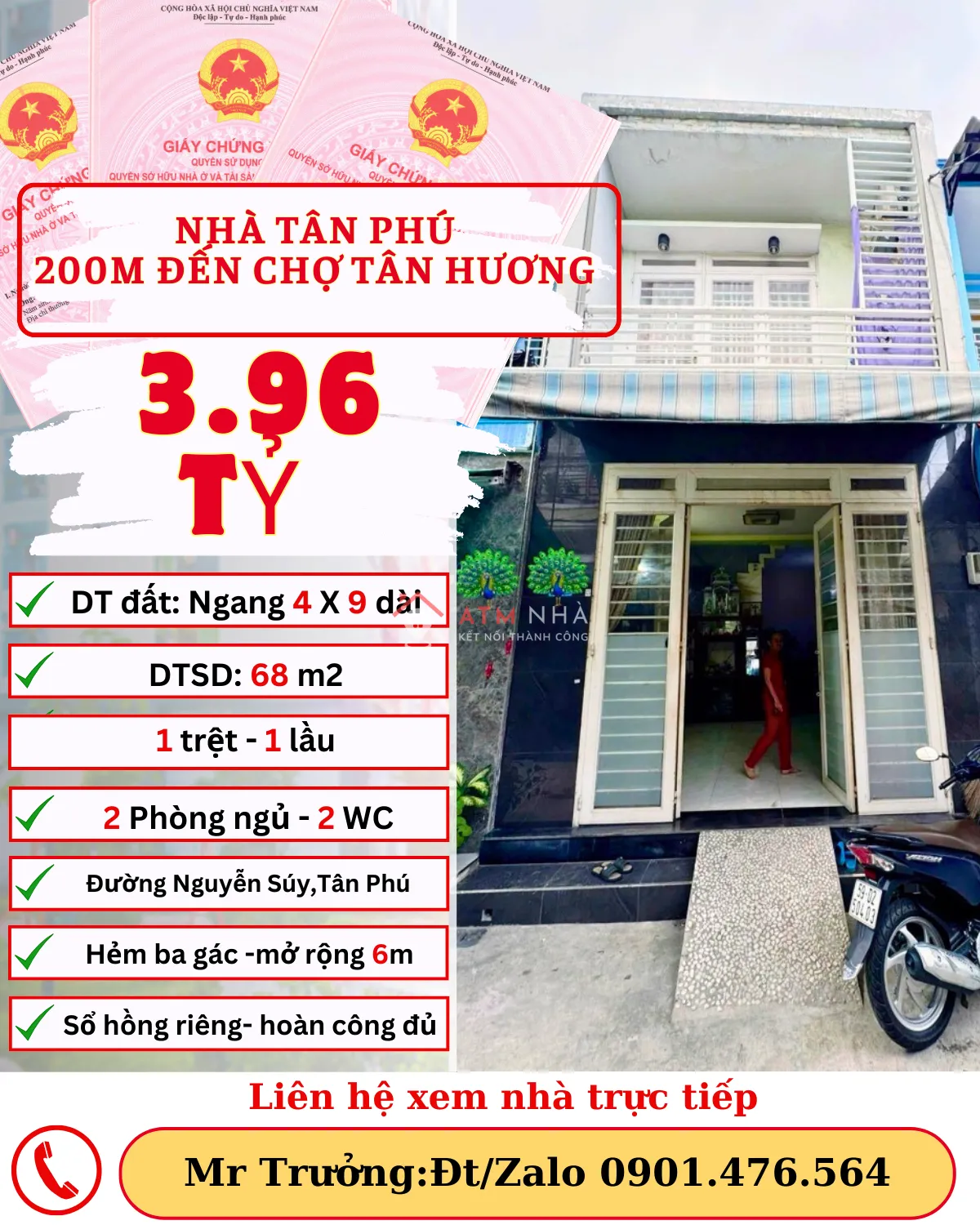 [ NHÀ TÂN PHÚ ] 4x9-36m2-Giá: 3.98 TỶ-1 TRỆT-1 LẦU - GẦN AEON TÂN PHÚ